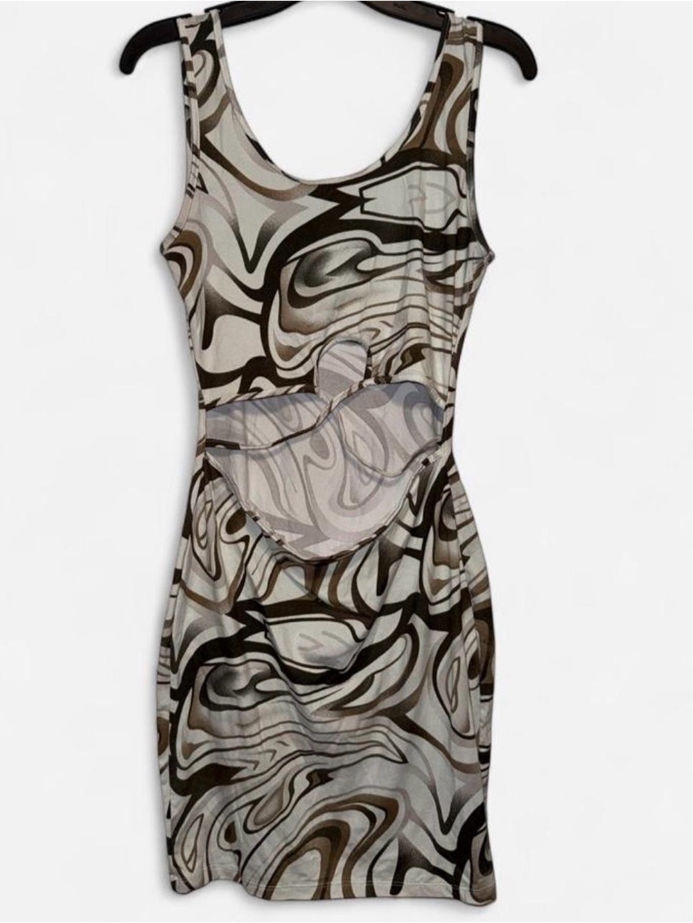 Sleeveless Mini Dress with Abstract Swirl in Brown and Cream